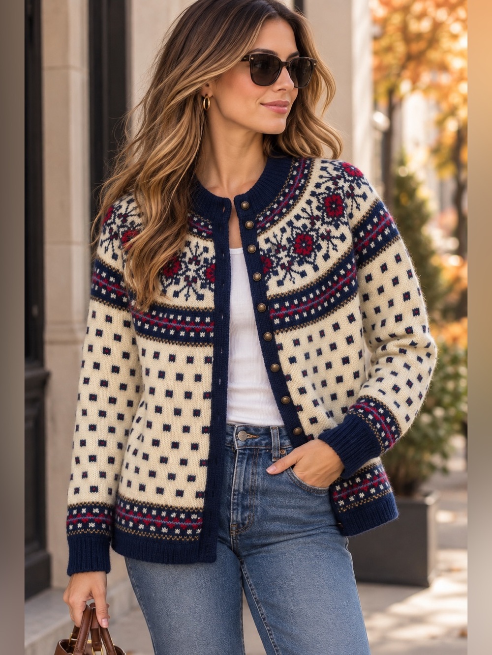 Paul Maje Wool Handmade Fair Isle Cardigan Sweater Navy Red Cream